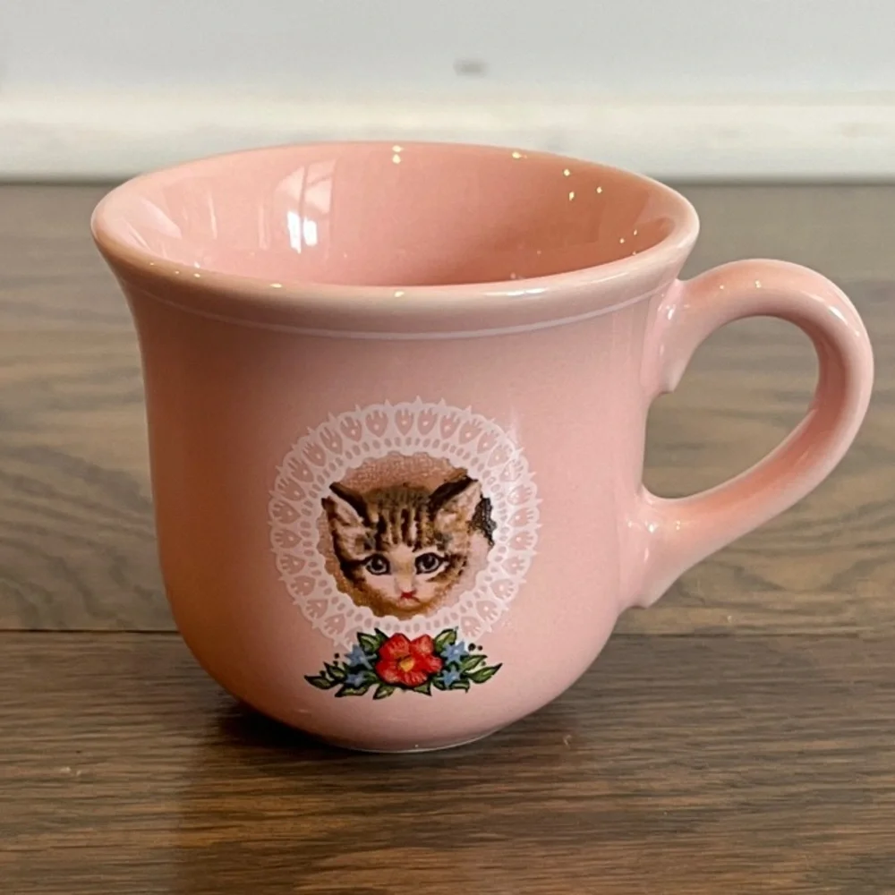 Vintage Pink Kitten Cat Demitasse Cup Saucer Japan Kitsch Cute Mid Century